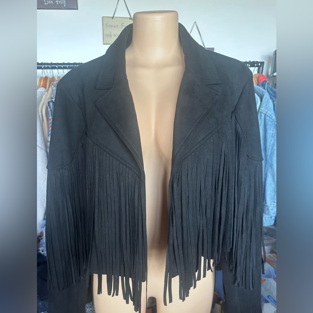 Black Bomber Jacket with Fringe Detail - Picture 2 of 3